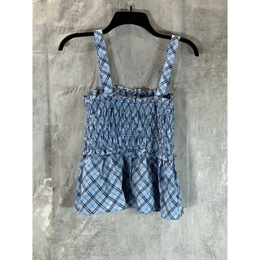 J.CREW Women's Blue Mist Navy Smocked Textured Plaid Tank Top L