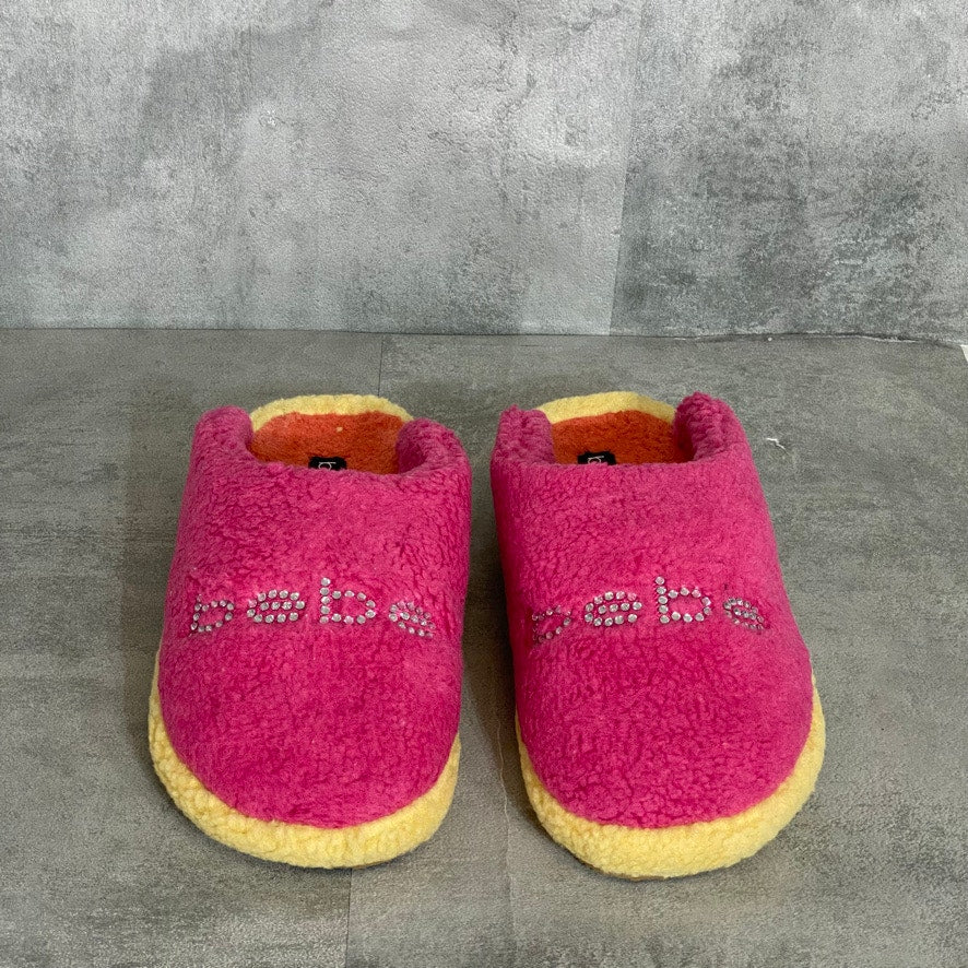 BEBE Fuchsia/Yellow Molly Faux Fur Embellished logo Slip-On Slippers SZ 10