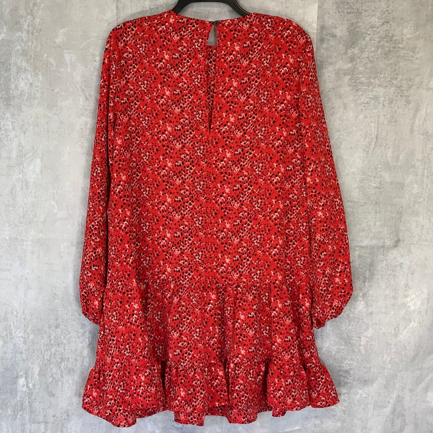 TOPSHOP Red Printed Round Neck Long Sleeve Ruffle Mini Dress SZ 8