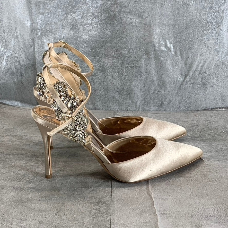 BADGLEY MISCHKA Women's Nude Satin Blanca Rhinestone Ankle-Strap Pumps SZ 8