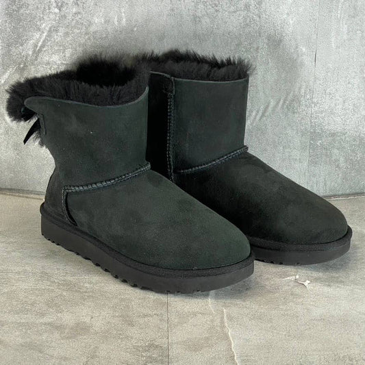 UGG Women's Black Suede Bailey Bow II Slip-On Mini Pull-On Boots SZ 6