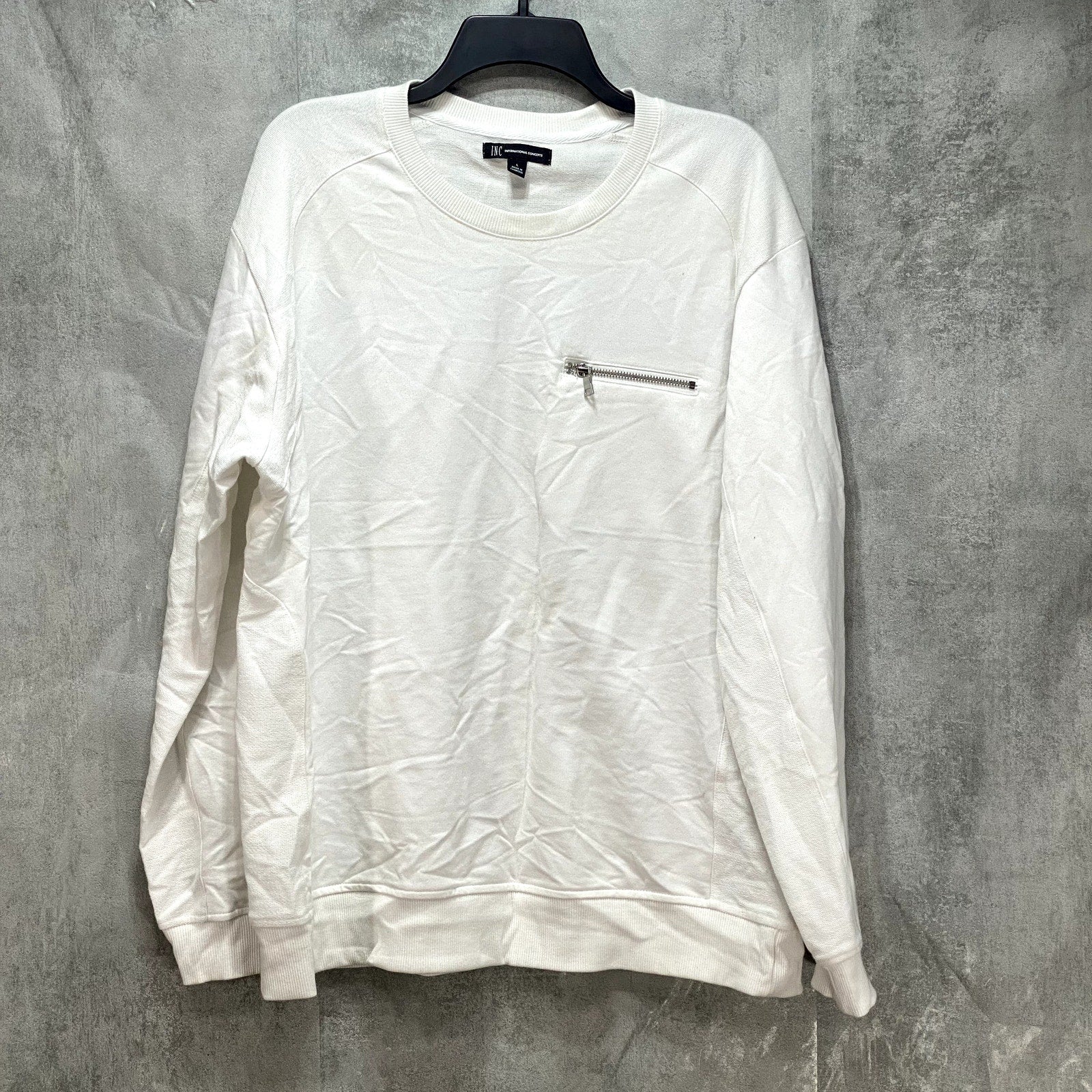 INC INTERNATIONAL CONCEPTS White Crewneck Slant-Zip Long Sleeve T-Shirt SZ L