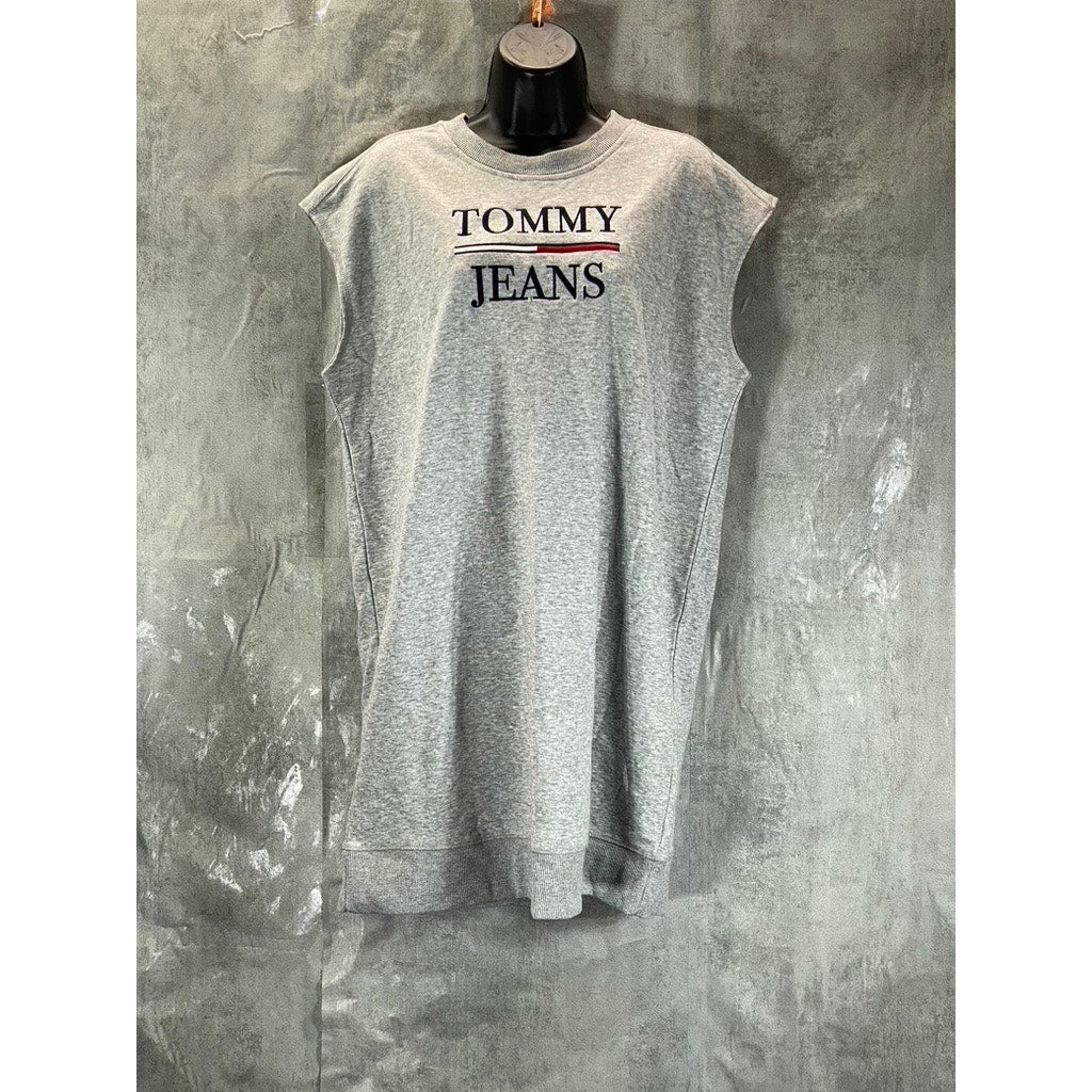 TOMMY JEANS Women's Stone Grey Heather Crewneck Cap-Sleeve Logo Mini Dress SZ M