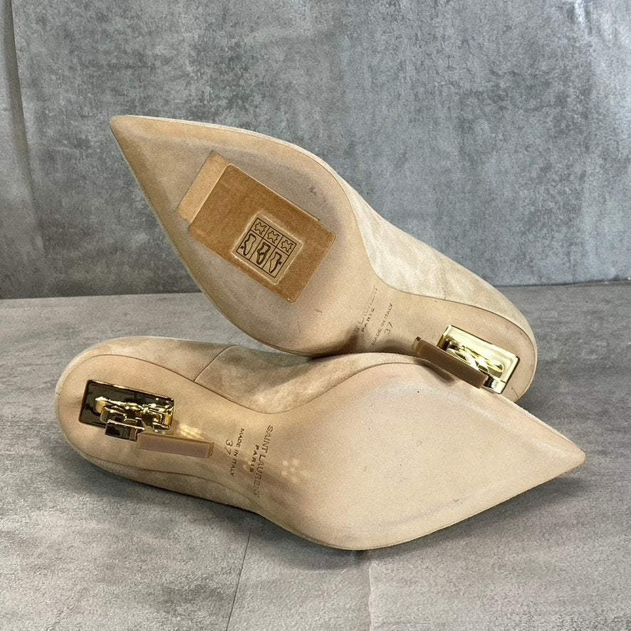 SAINT LAURENT Women's Misia Beige Suede Mid Heel Pointed-Toe Pumps SZ 7