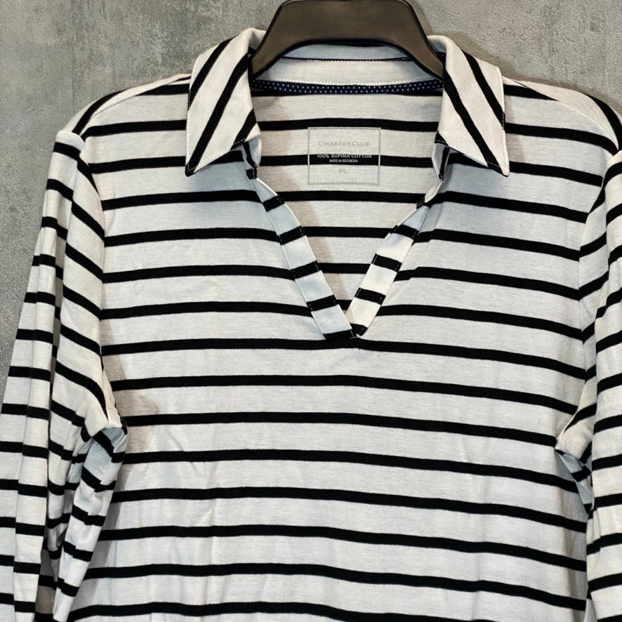 CHARTER CLUB Women's Petite Black/White Striped Collared Long Sleeve V-Neck Top SZ P\L