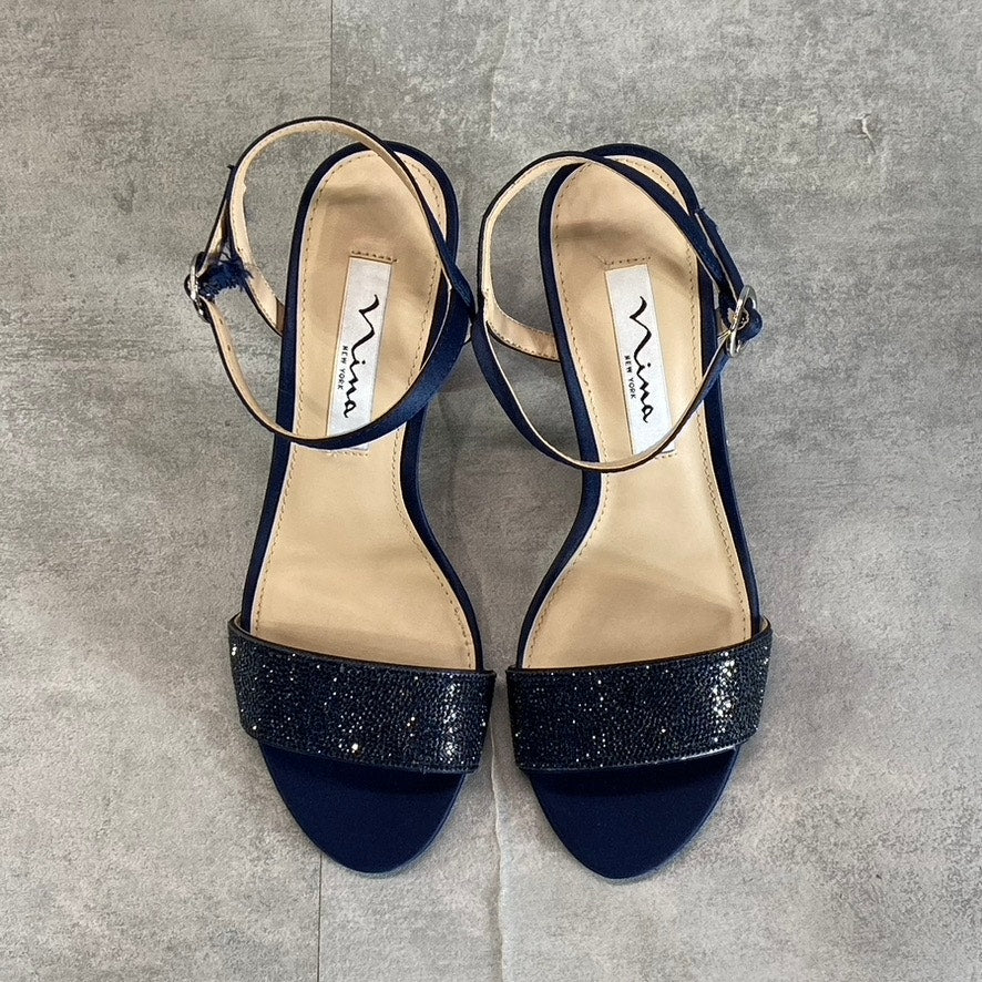 NINA Women's New Navy Satin Haven Rhinestone Ankle-Strap Block-Heel Sandals