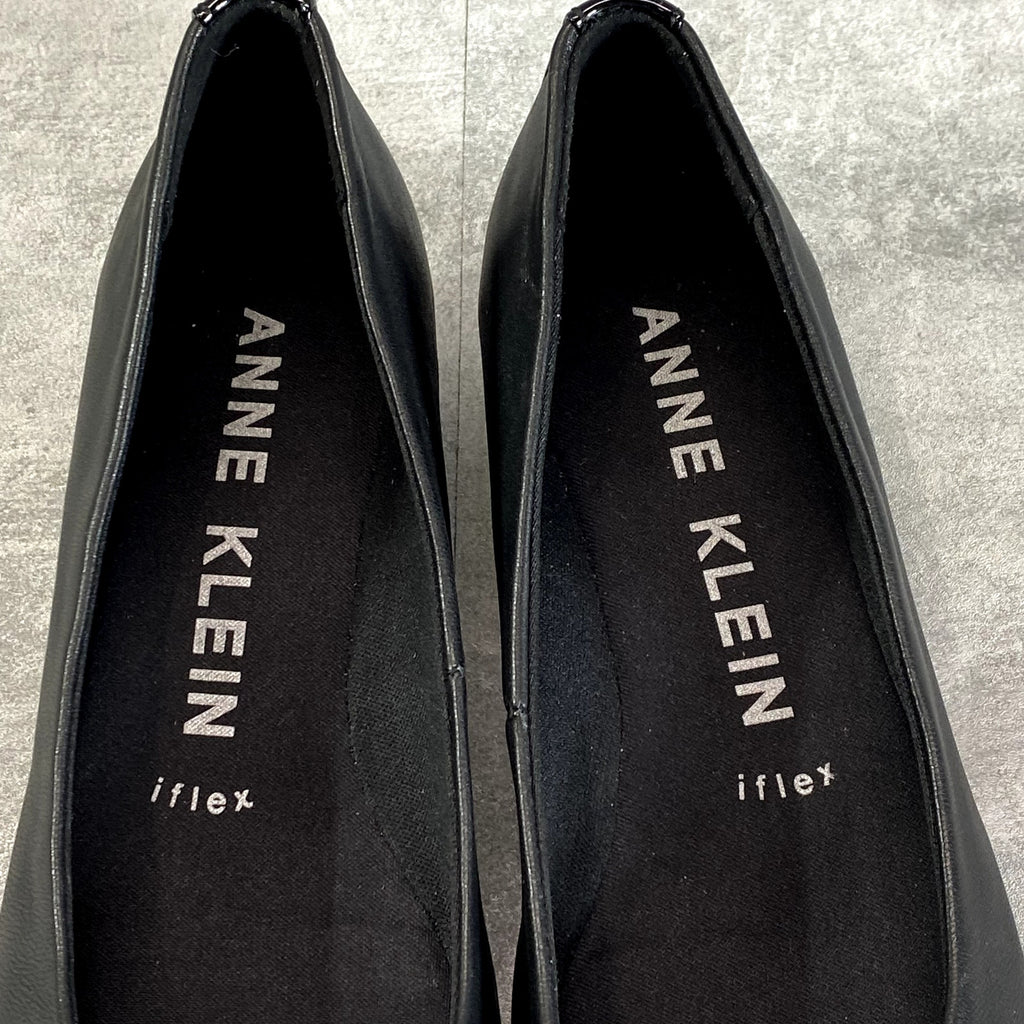 ANNE KLEIN Women's Black Leather iFlex Maysel Slip-On Square-Toe Wedge Flats SZ 7.5