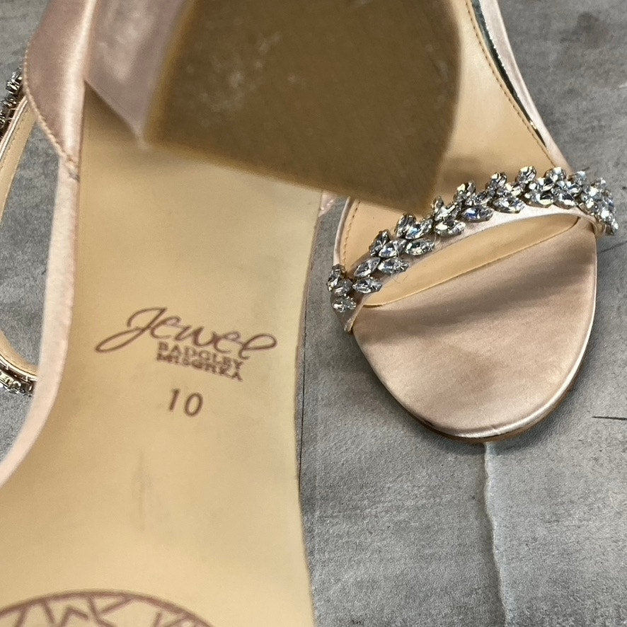 JEWEL BADGLEY MISCHKA Women's Champagne Satin Rhinestone Mayra Sandals SZ 10