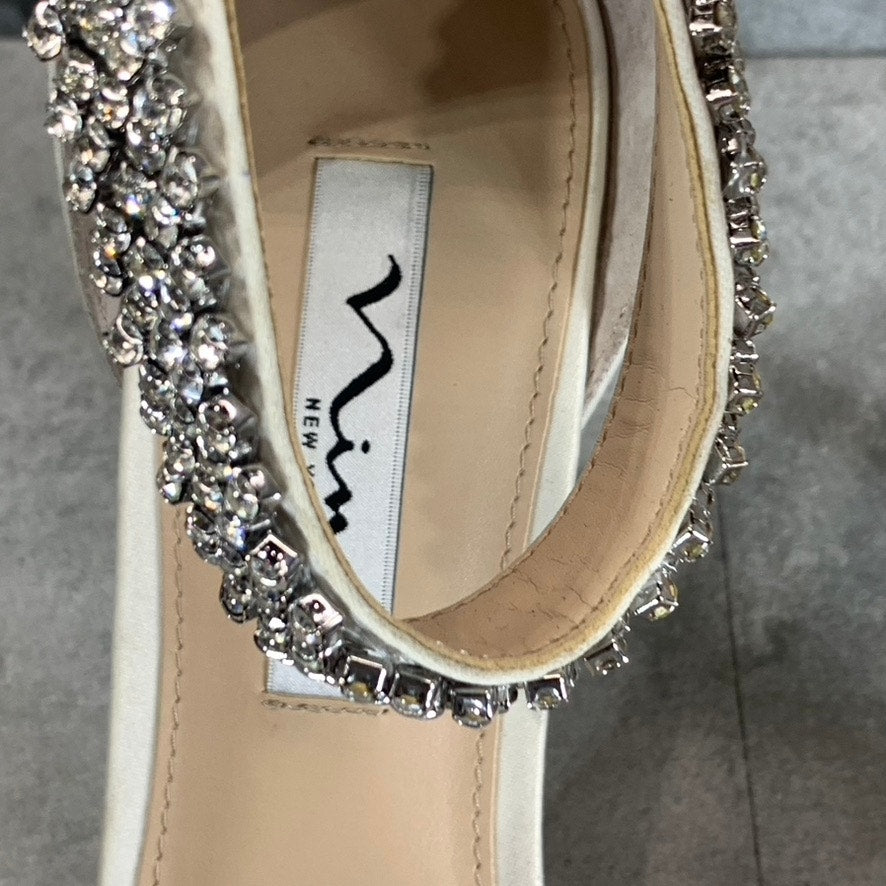 NINA Women's Ivory Luster Satin Vauna Rhinestone Ankle Strap Dress Sandals SZ 9
