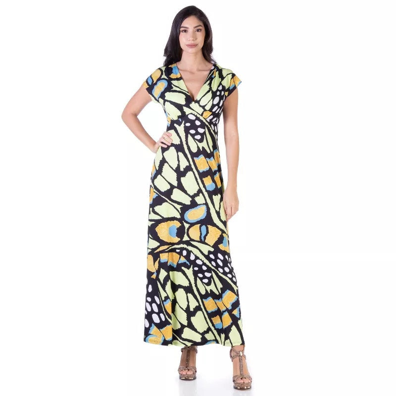 24SEVEN Comfort Apparel Women's Green Print Butterfly V-Neck Cap Sleeve Dress