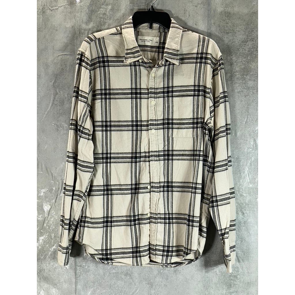 ABERCROMBIE & FITCH Men's Cream/Black Plaid Flannel Button-Up Shirt SZ L