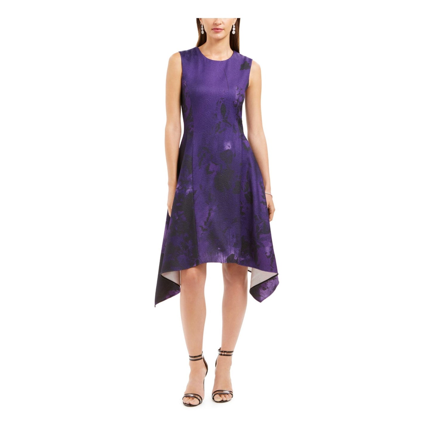 NATORI Women's Purple-Black Printed Sleeveless Swing Fit & Flare Midi Dress SZ 2