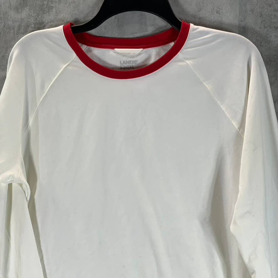 LANDS' END Women's White/Red Trim Crewneck Lounge Long-Sleeve Top SZ M