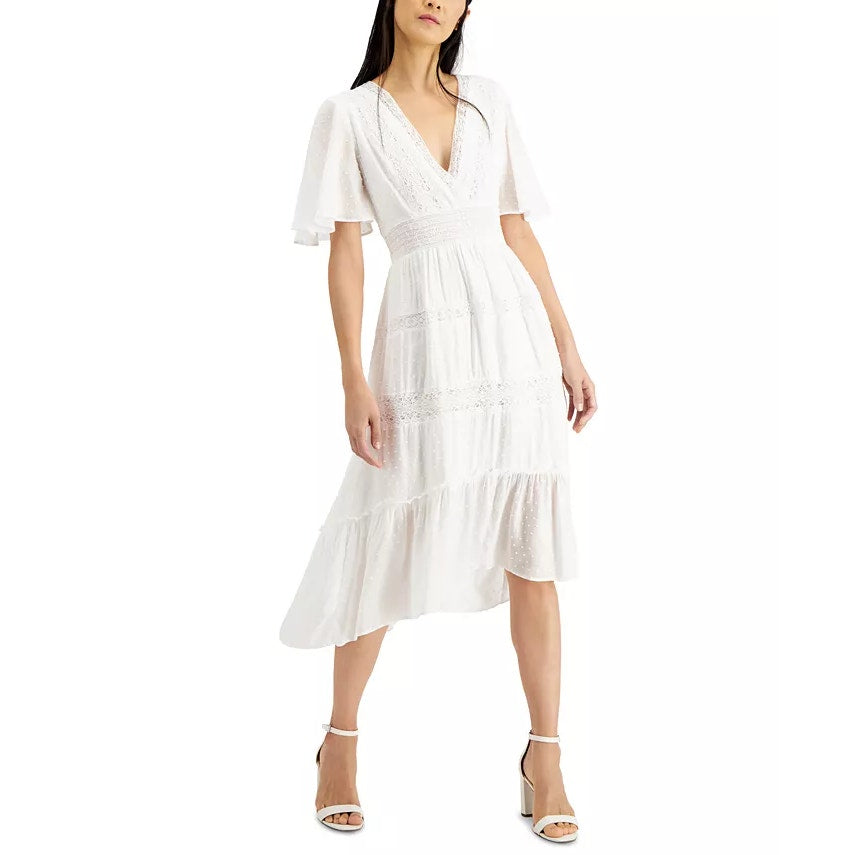 INC Women's Bright White Flutter-Sleeve V-Neck Hi-Low Midi Dress SZ XL