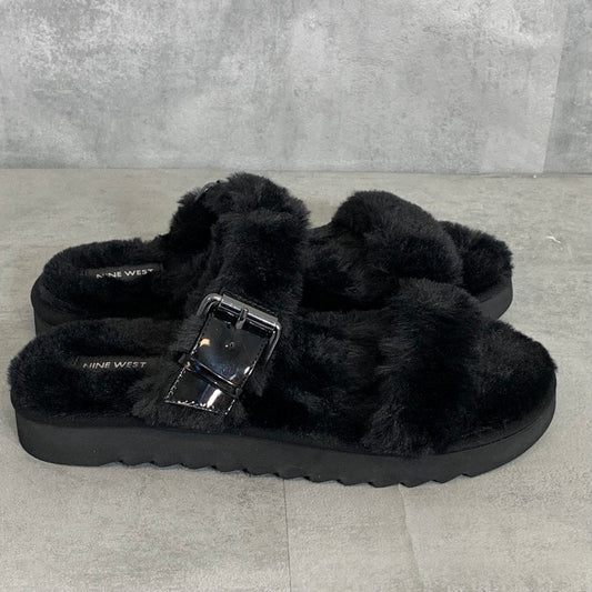 NINE WEST Black Faux Fur Adjustable Strap Platform Slide Sandals SZ 9