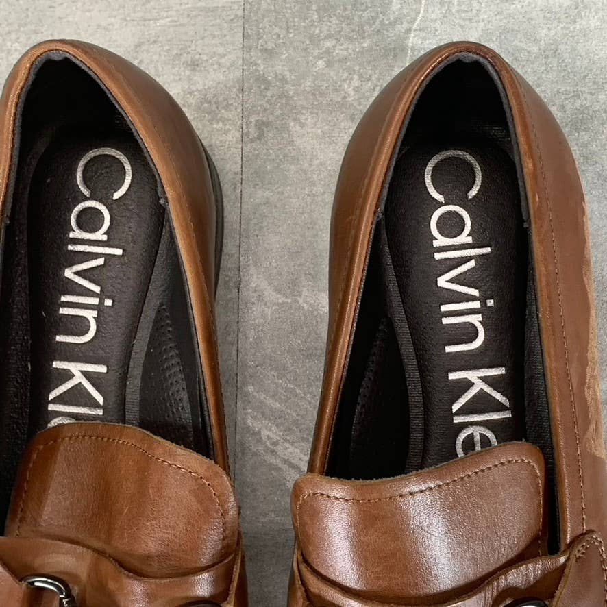 CALVIN KLEIN Men's Dark Tan Leather Malcome Slip-On Casual Loafers SZ 9.5