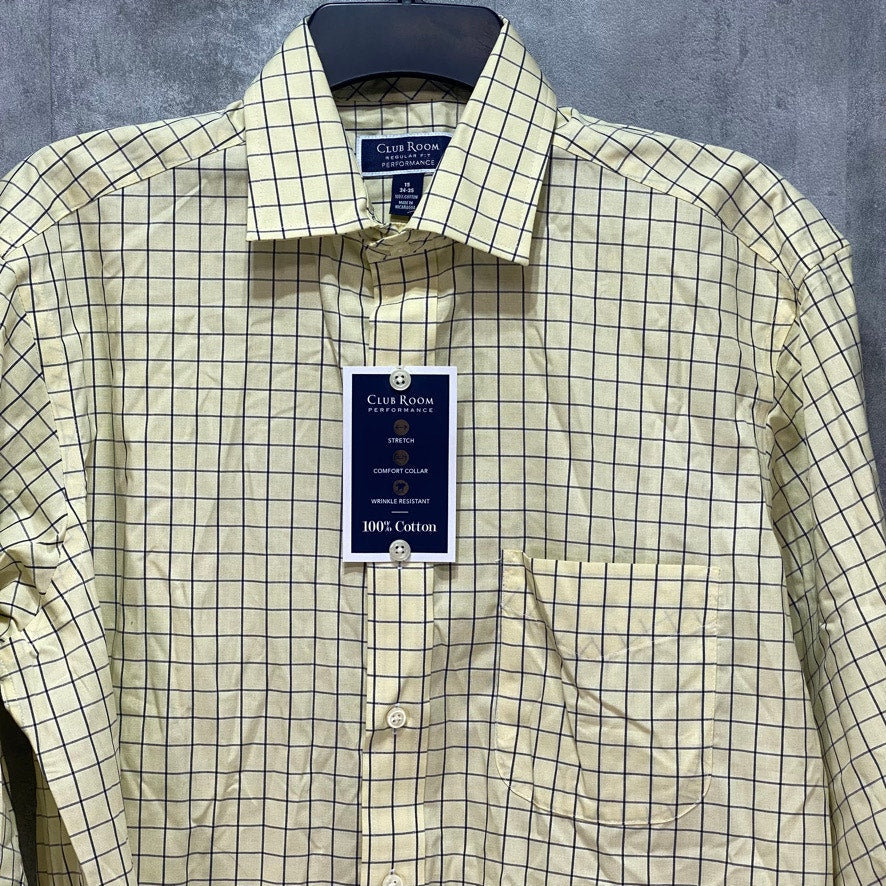 CLUB ROOM Yellow Navy Check Square Button Down Regular Fit Shirt SZ 15 34/35