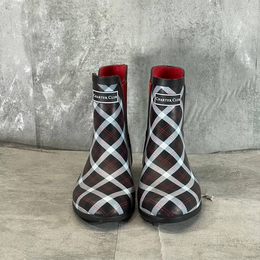 CHARTER CLUB Women's Black/Red Cloudburst Pull-On Rain Boots SZ 8