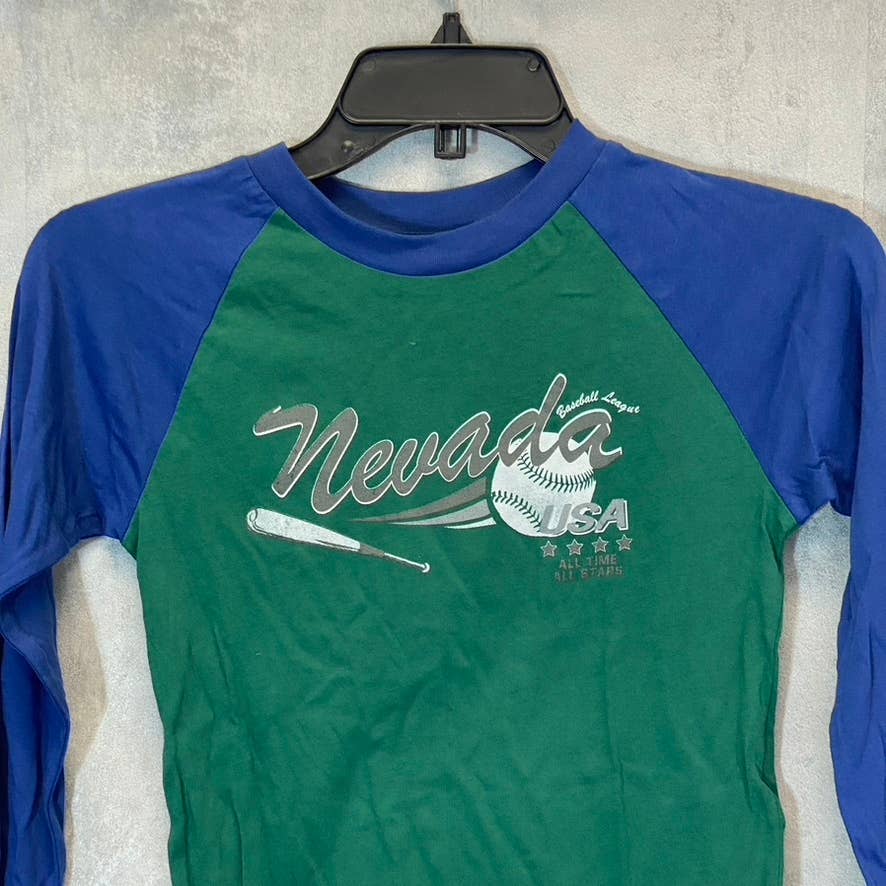 TOPSHOP Women's Green-Navy Nevada Baseball Graphic Crewneck Crop Top SZ 6