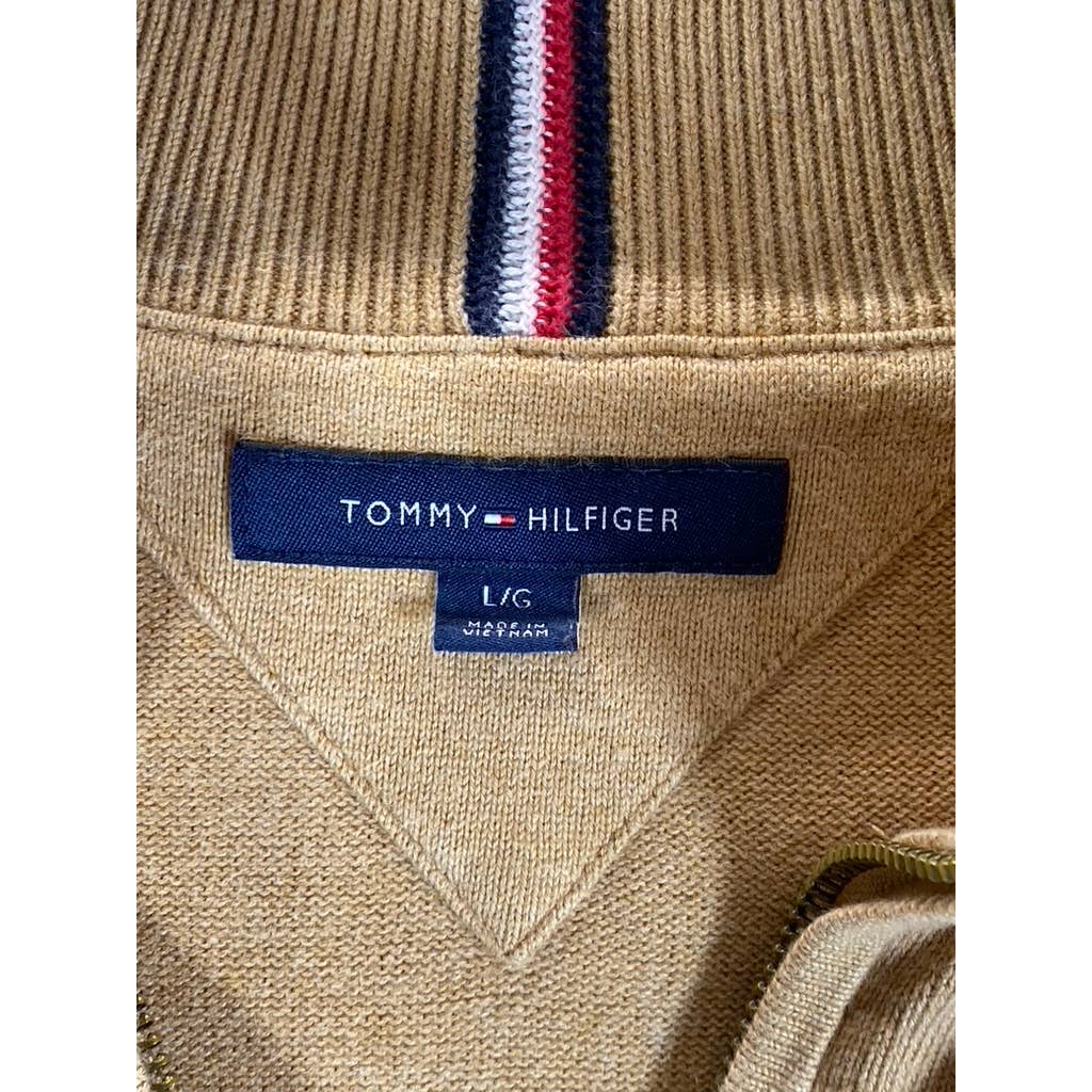 TOMMY HILFIGER Men's Tan Signature Solid Quarter-Zip Pullover Sweater SZ L