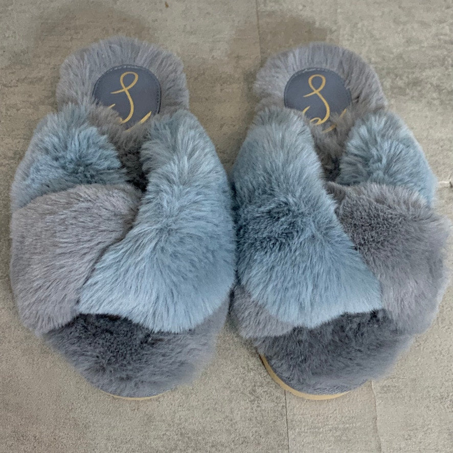 SAM EDELMAN Blue Grey Faux Fur Cross Band Jaley Slip-On Slippers SZ 7