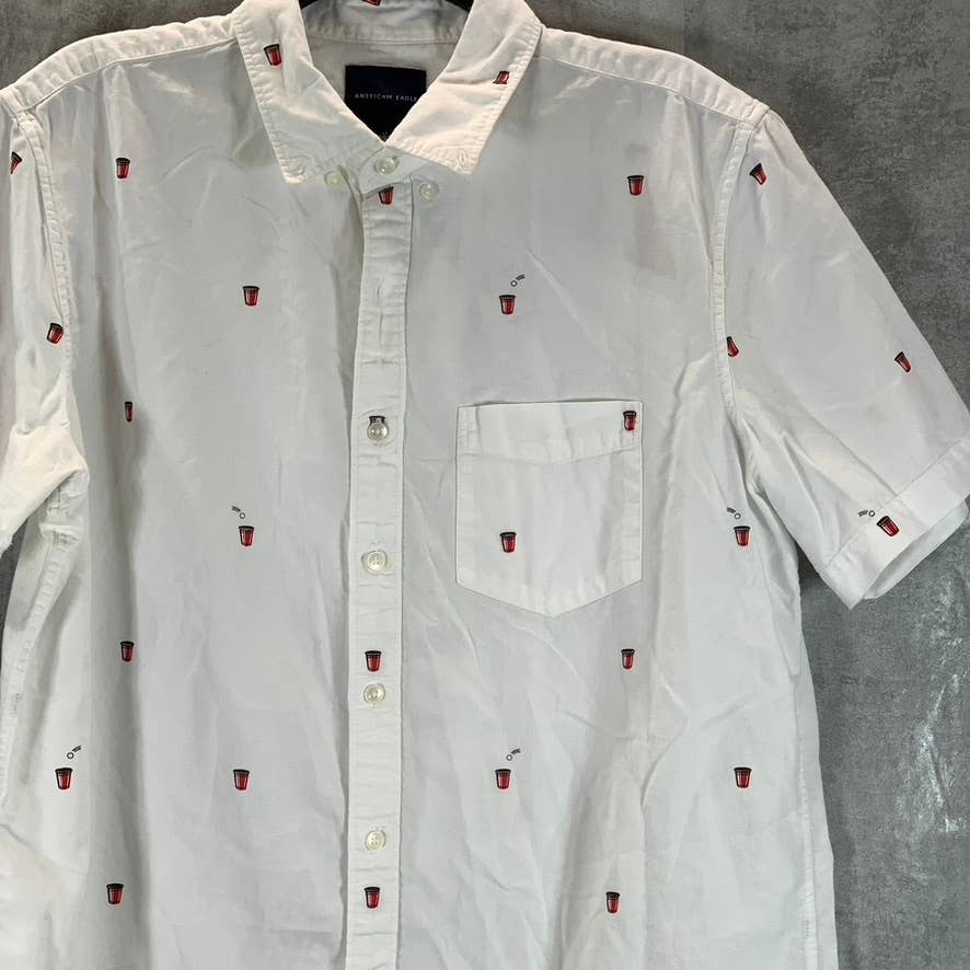 AMERICAN EAGLE Men's Tall White Red Cup Print Button-Up Short-Sleeve Shirt SZL/T