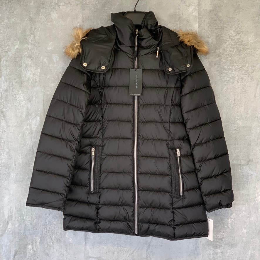 MARC NEW YORK Black Eleanor Mock Neck Full-Zip Faux-Fur Hooded Quilted Jacket SZ XS