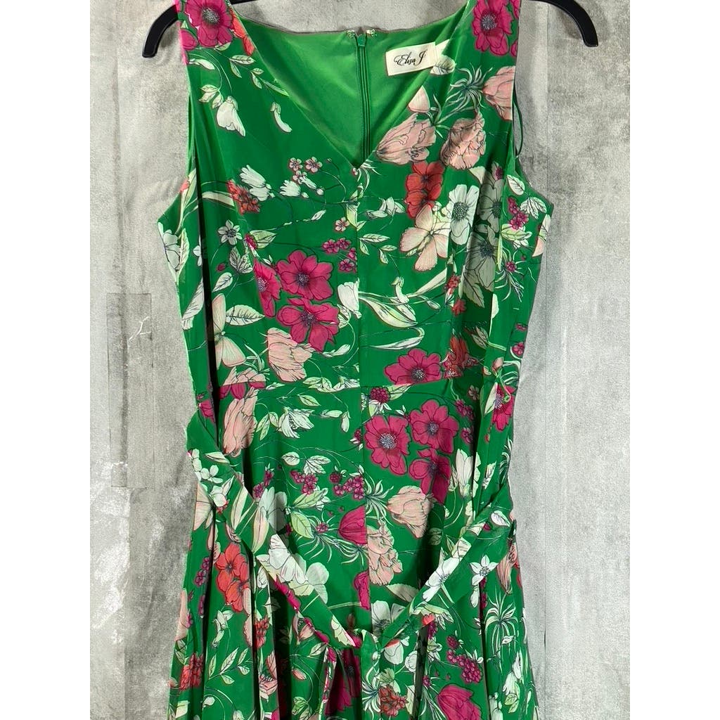 ELIZA J Women's Green Floral Print V-Neck Handkerchief-Hem Midi Dress SZ  10