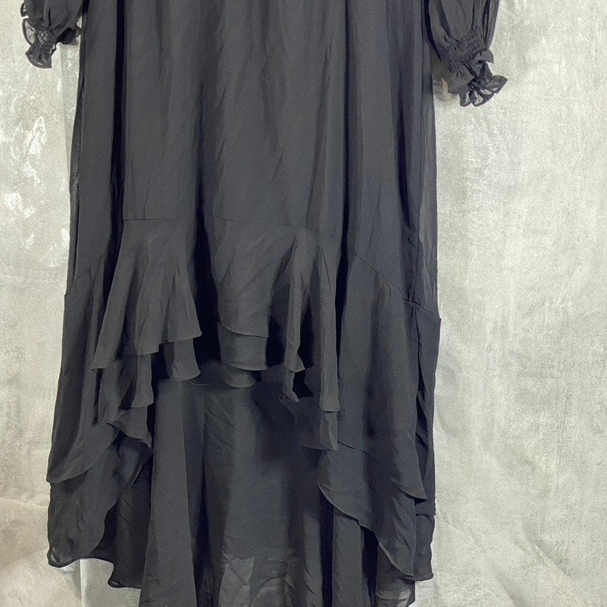 1. STATE Women's Black Split-Neck Smocked Hi-Low Long Blouson Sleeves Dress SZ M