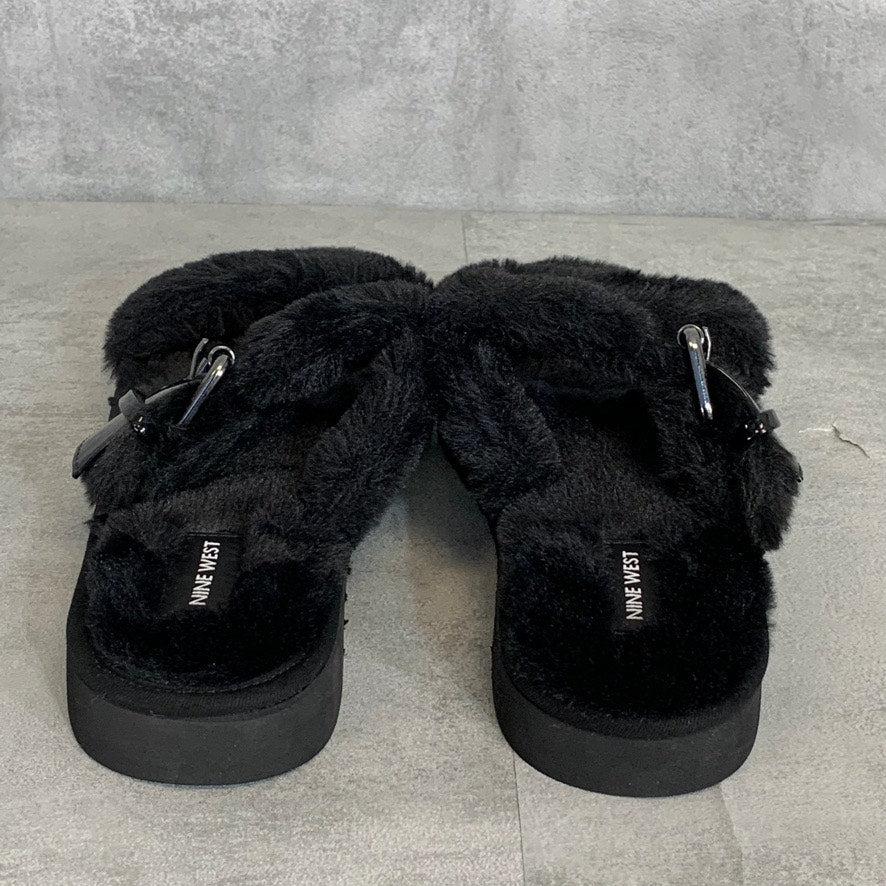 NINE WEST Black Faux Fur Adjustable Strap Platform Slide Sandals SZ 9