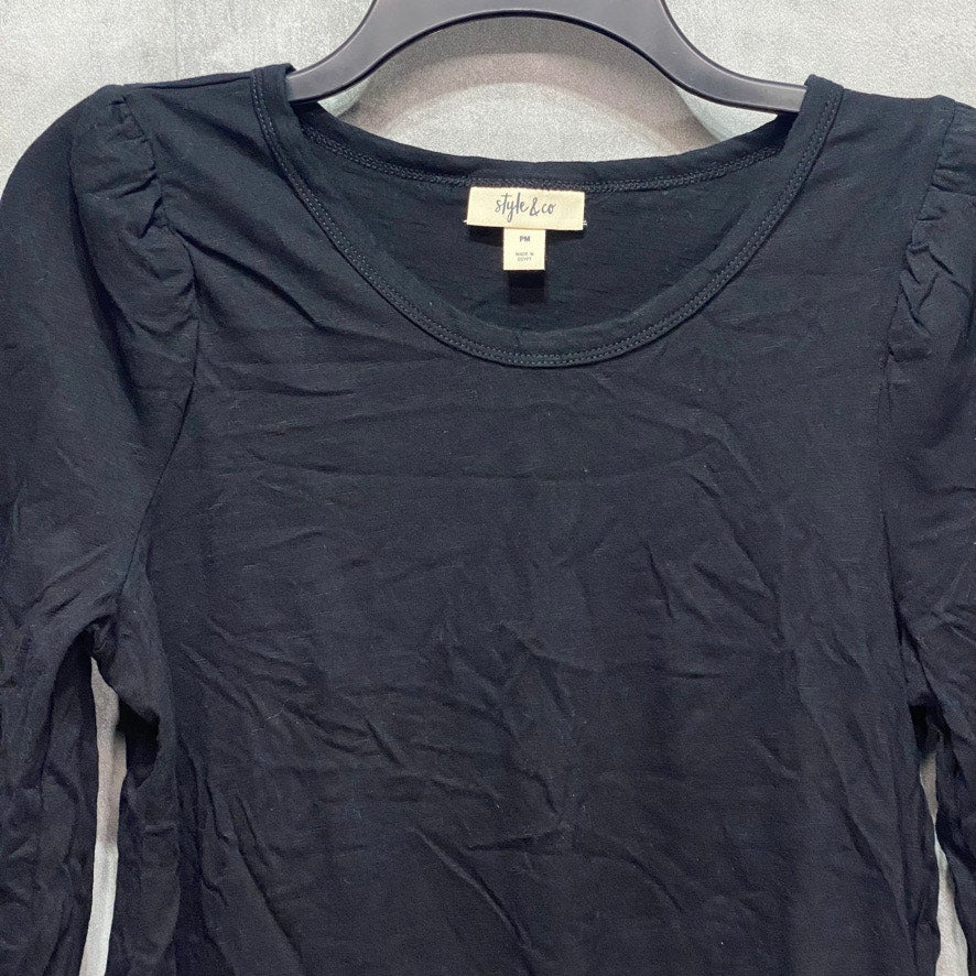 STYLE & CO Petite Solid Black 3/4 Puff-Sleeve Cotton Scoop Neck Pullover Top SZ P/M
