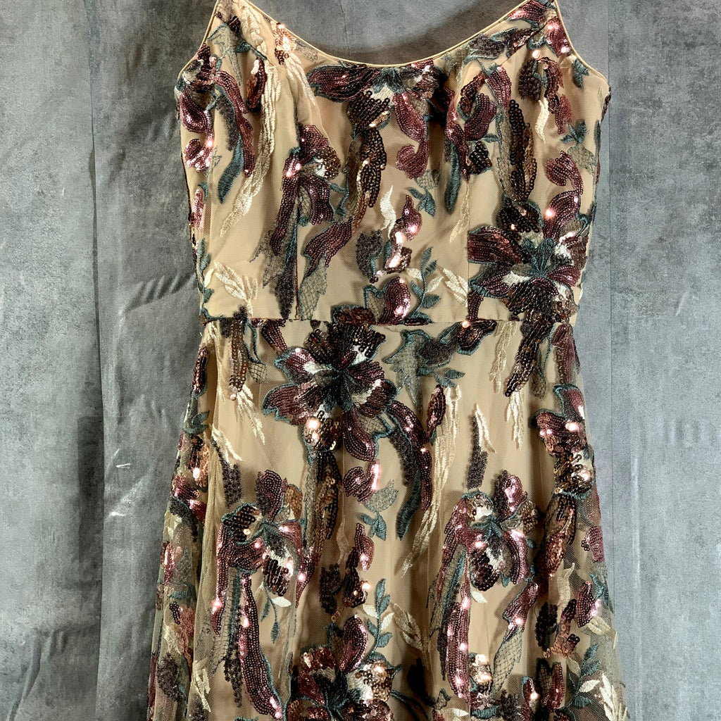 DRESS THE POPULATION Umalina Beige/Lavender Sequin Floral Fit & Flare Gown SZ XS