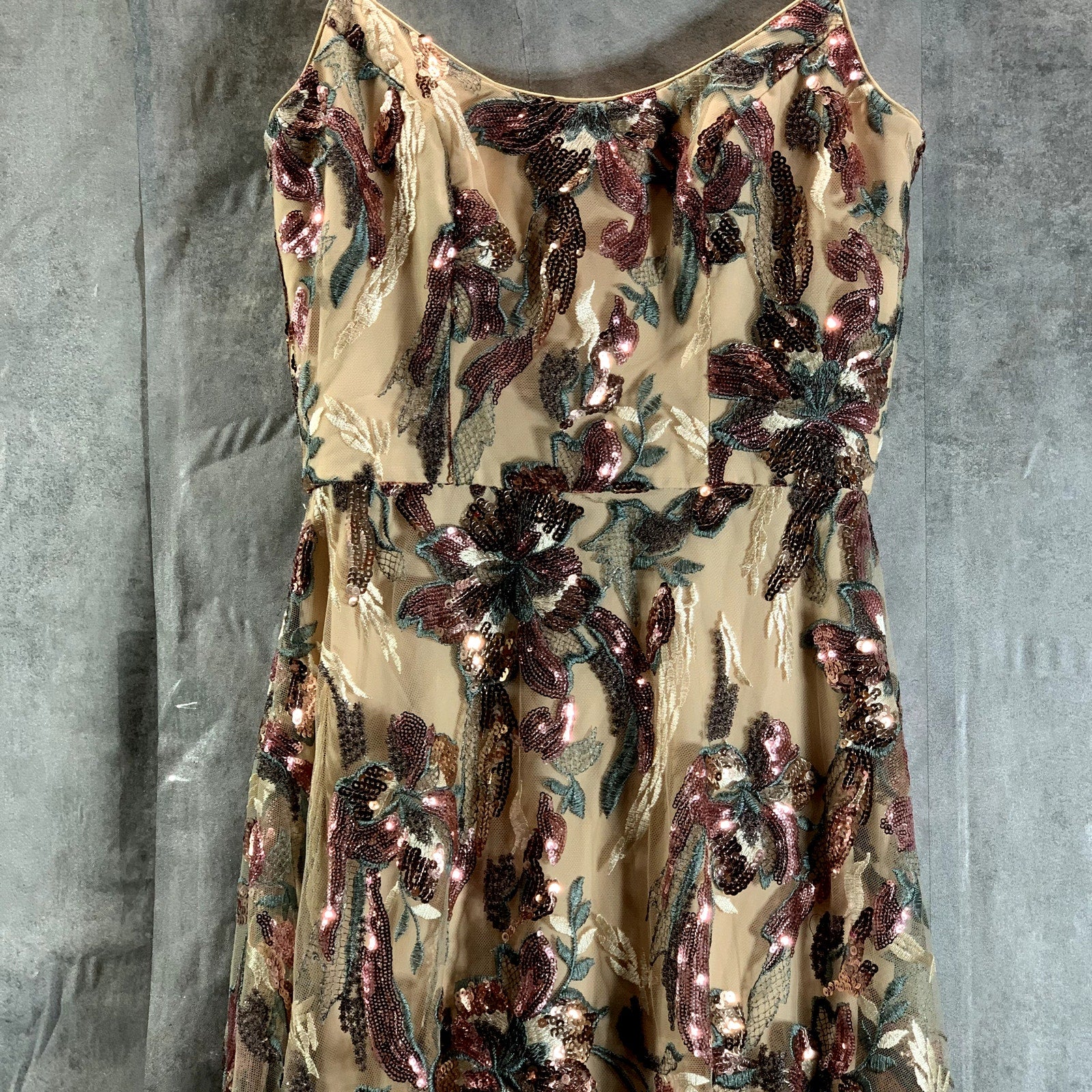 DRESS THE POPULATION Umalina Beige/Lavender Sequin Floral Fit & Flare Gown SZ XS