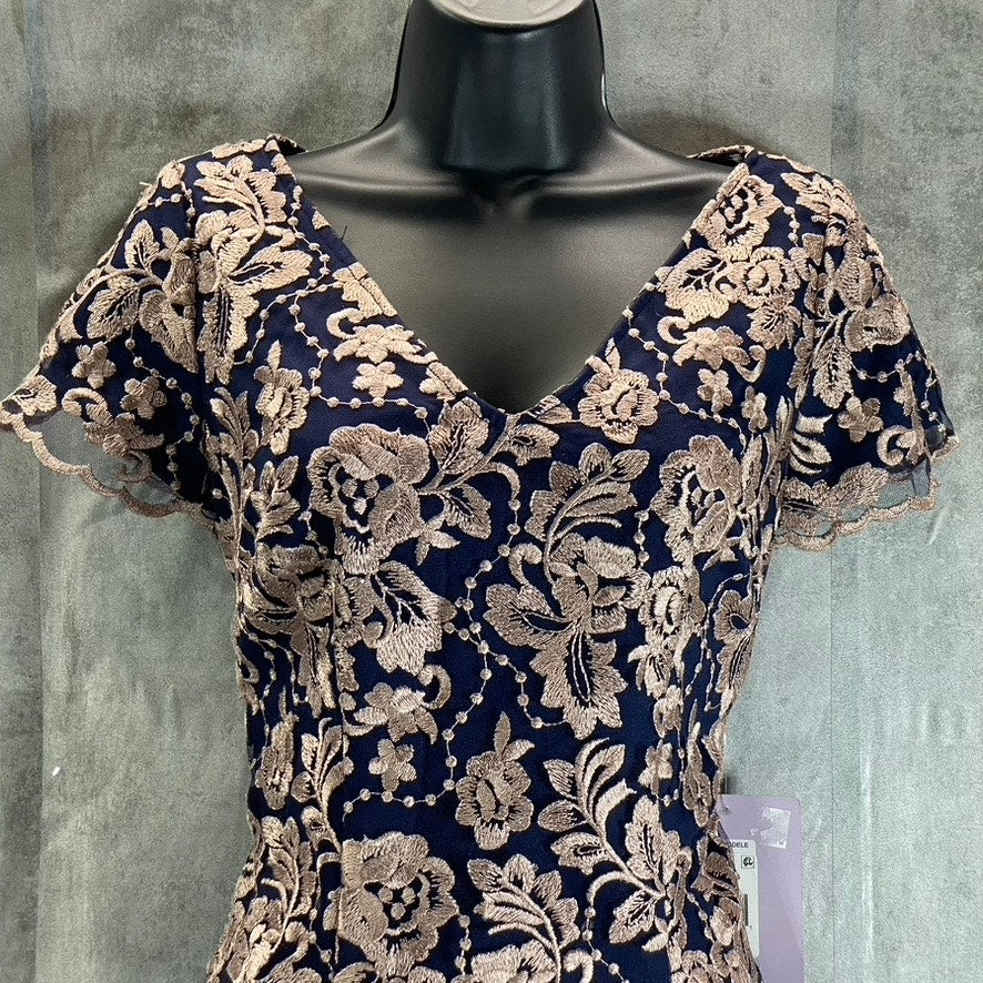 JS COLLECTION Women's Navy/Latte V-Neck Floral Embroidered Scalloped Trim Dress