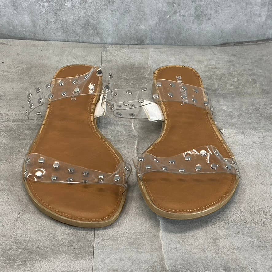 SUN+STONE Women's Clear Studded Easten 2 Slide-On Flat Sandals SZ 10