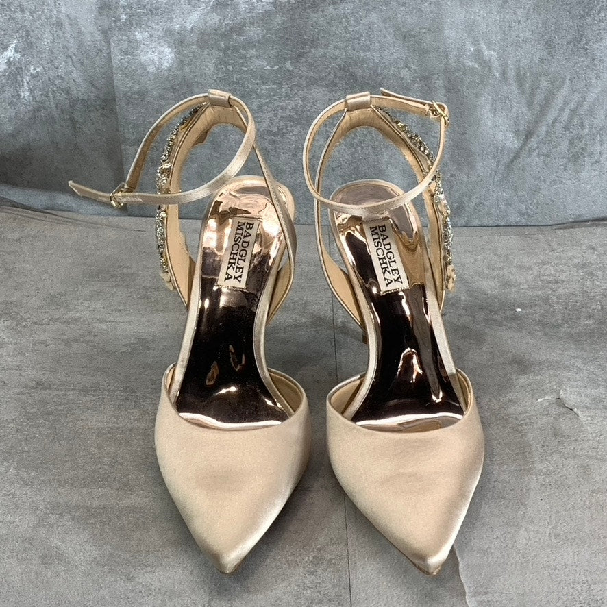 BADGLEY MISCHKA Women's Nude Satin Blanca Rhinestone Ankle-Strap Pumps SZ 8