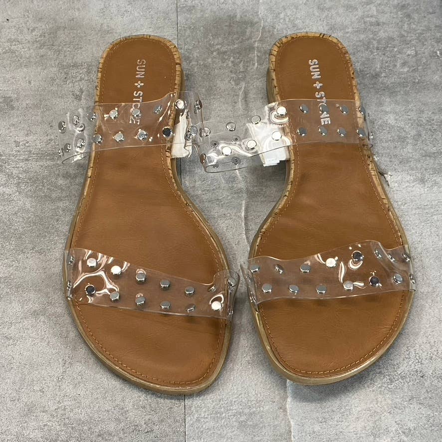 SUN+STONE Women's Clear Studded Easten 2 Slide-On Flat Sandals SZ 10