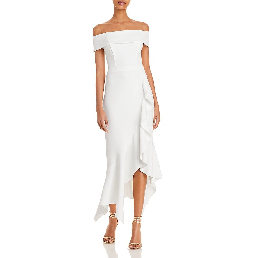 AQUA FORMAL Women's White Off-The-Shoulder Scuba Crepe Cascade Ruffle Dress SZ 4