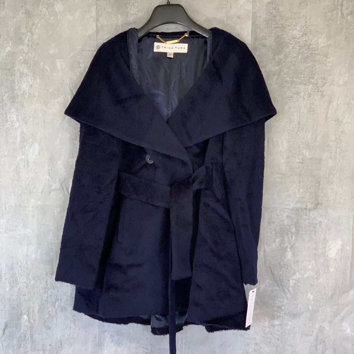 TRINA TURK Navy Grace Hooded Two-Button Belted Alpaca Coat SZ 6