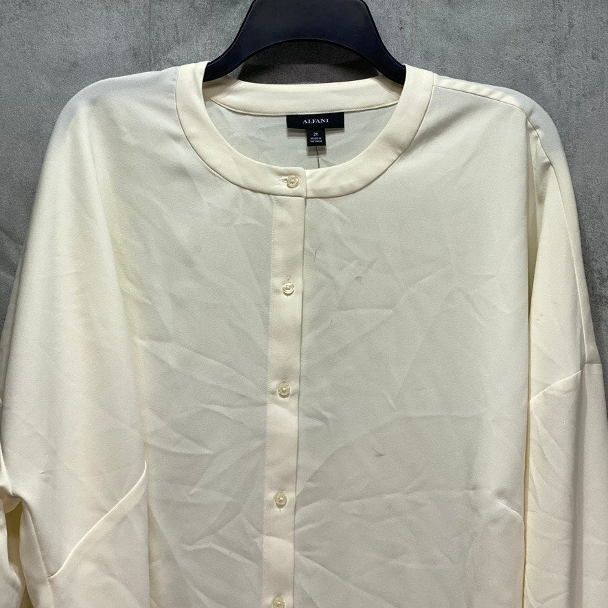 ALFANI Plus Size Antique White Band Collar Blouson-Sleeve Button-Up Top SZ 2X