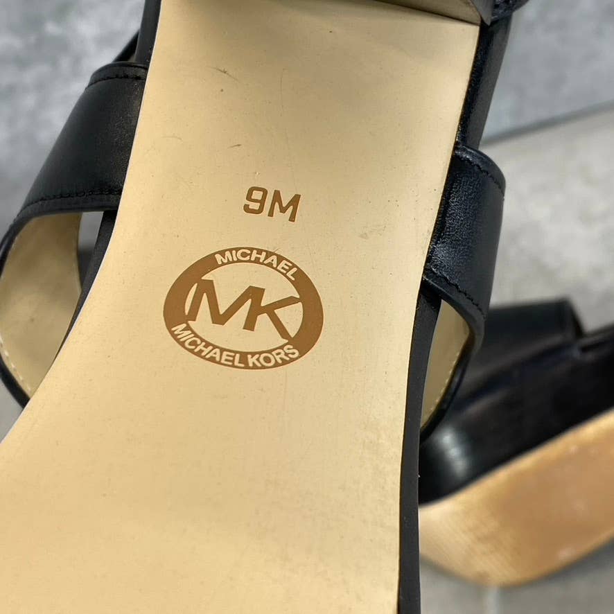MICHAEL MICHAEL KORS Women's Black Leather Berkley T-Strap Platform Sandals SZ 9