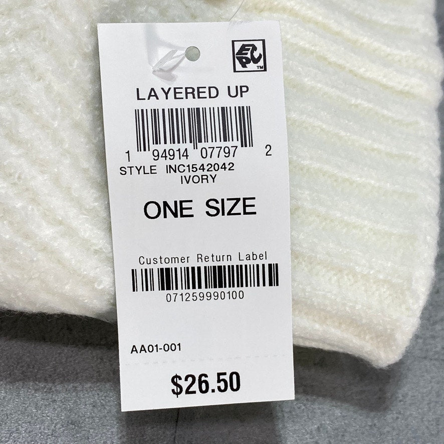 INC INTERNATIONAL CONCEPTS Ivory Chevron Knit & Ribbed Detail Beanie OS