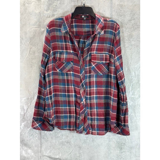 KUT FROM THE KLOTH Women's Burgundy/Blue Plaid Button-Up Flannel Top SZ L