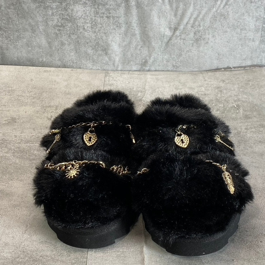 WILD PAIR Women's Black Paiyge Chain Faux-Fur Slide Slip-On Slippers SZ 6