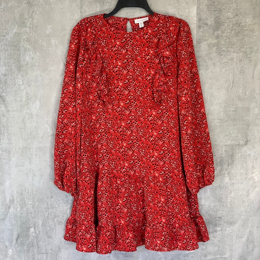 TOPSHOP Red Printed Round Neck Long Sleeve Ruffle Mini Dress SZ 8