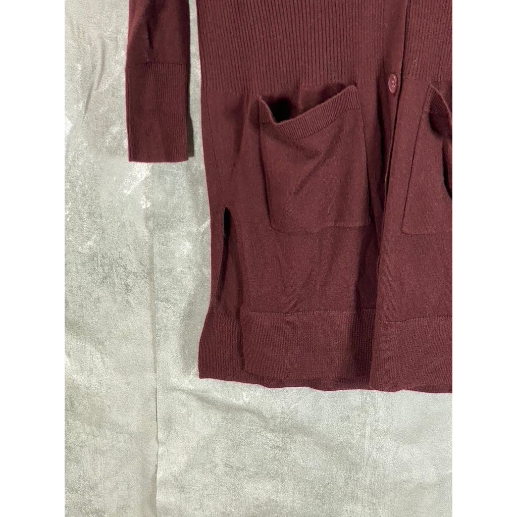 HALOGEN Women's Petite Burgundy Ribbed Button-Up Long Sleeve Cardigan SZ 2XS