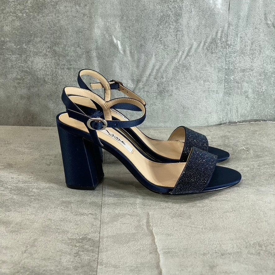 NINA Women's New Navy Satin Haven Rhinestone Ankle-Strap Block-Heel Sandals