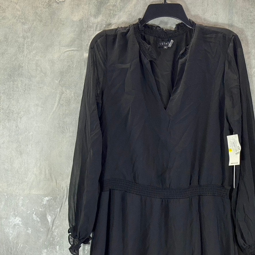 1. STATE Women's Black Split-Neck Smocked Hi-Low Long Blouson Sleeves Dress SZ M