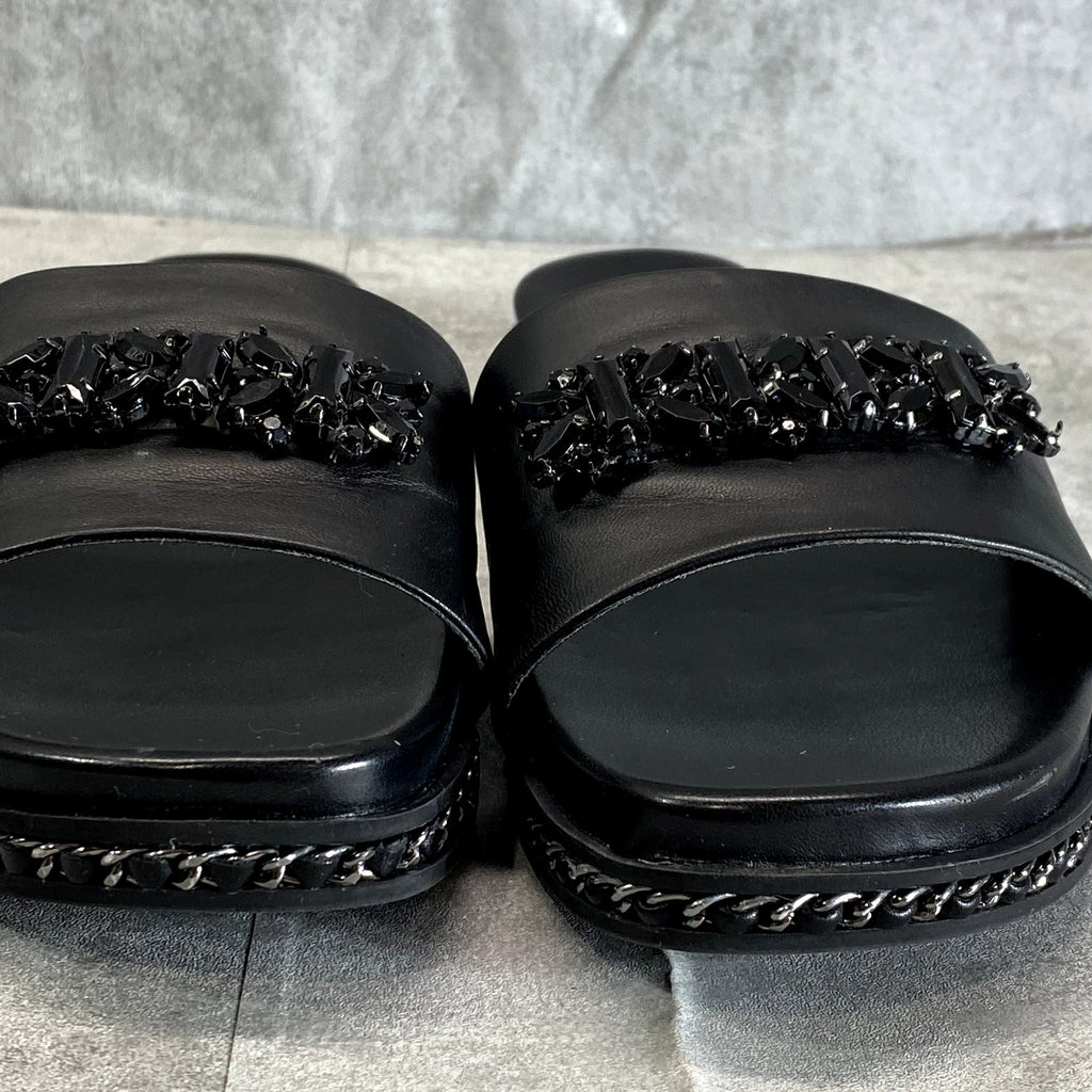 KARL LAGERFELD PARIS Women's Black Rhinestone Embellished Bijou Slide Sandals