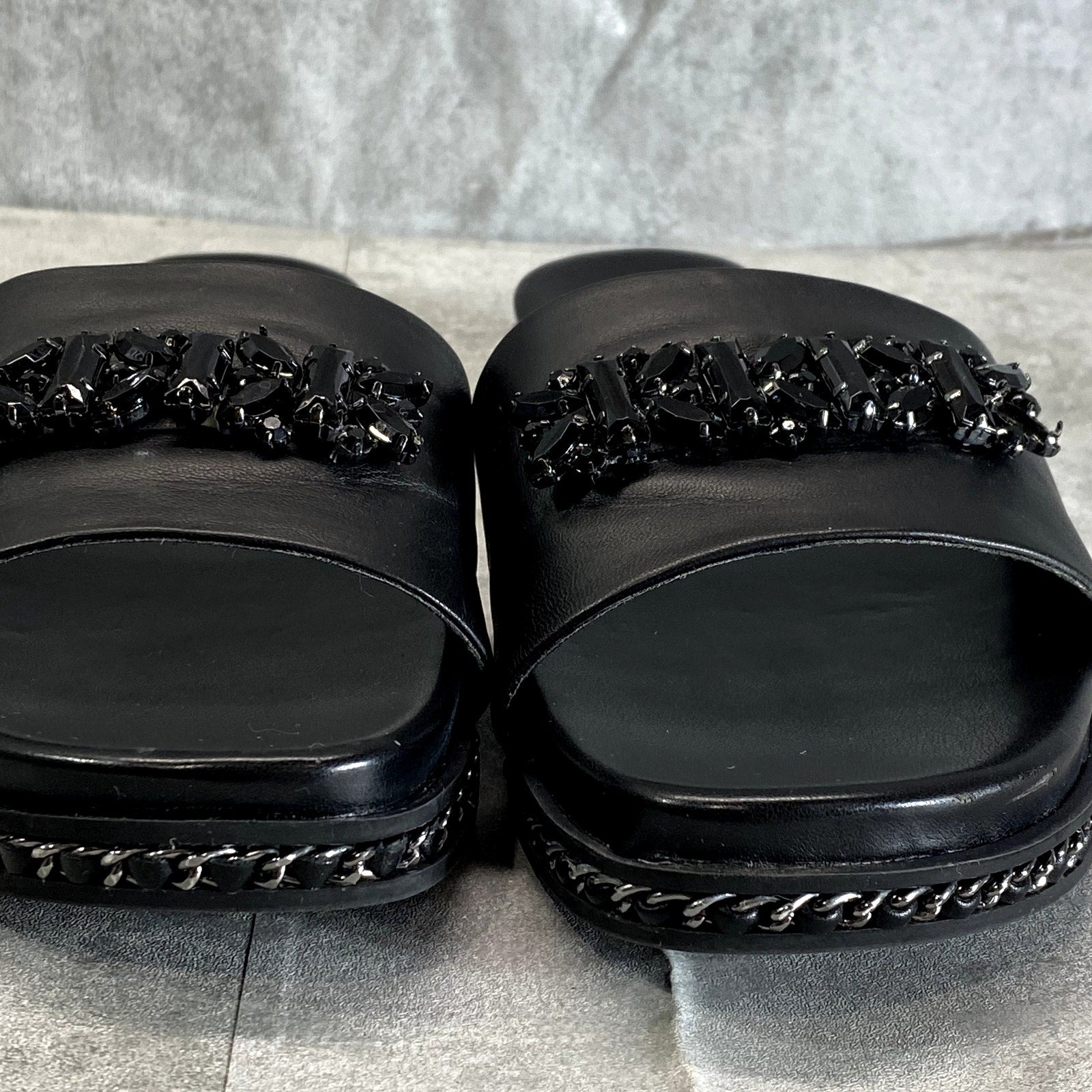 KARL LAGERFELD PARIS Women's Black Rhinestone Embellished Bijou Slide Sandals